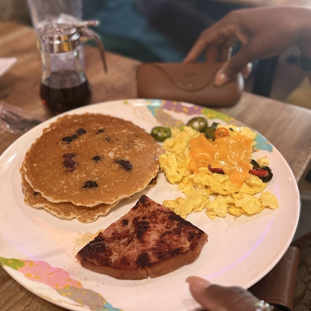 375 Social Kitchen - Three stack pancakes with ham and eggs - Asian Fusion Near Me - Universal City, Texas 375 Social Kitchen - Three stack pancakes with ham and eggs - Asian Fusion Near Me - Universal City, Texas