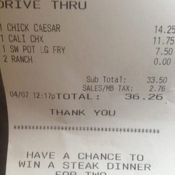Becks Prime - Our receipt for a chicken sandwich, chicken Caesar salad (they left out dressing) and sweet potato fries. Too pricey for quality. - American Near Me - Dallas, Texas