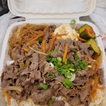 Jin’s Korean BBQ - Regular beef bulgogi plate with japchae, macaroni salad, and cucumbers - Hawaiian Near Me - Spring Valley, Nevada