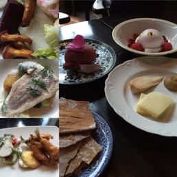 Summer salad, white fish, perch fish starter, and desserts (the wild berries was delish)