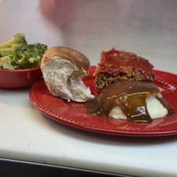 Station 2 Restaurant - Meatloaf, mashed potatoes and gravy, broccoli and a roll!
