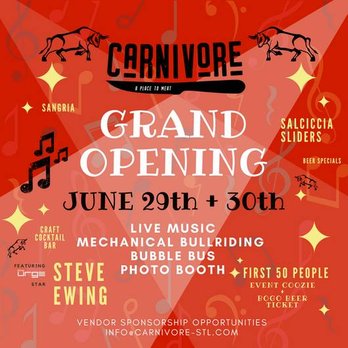 Carnivore - Party this weekend with a riding bull. um...YES, PLEASE!!! AND the winner gets 6 mos. of FREE FLATBREADS. i mean....i love this place. - Steakhouses Near Me - St. Louis, Missouri Carnivore - Party this weekend with a riding bull. um...YES, PLEASE!!! AND the winner gets 6 mos. of FREE FLATBREADS. i mean....i love this place. - Steakhouses Near Me - St. Louis, Missouri