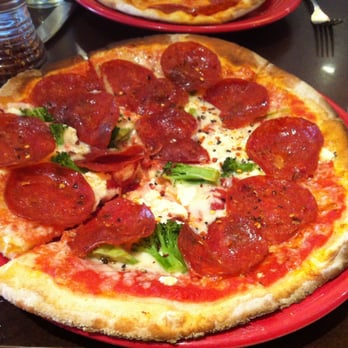 Stone Hearth Pizza - Gluten-free pepperoni pizza with broccoli and feta cheese. - Pizza Near Me - Belmont, Massachusetts Stone Hearth Pizza - Gluten-free pepperoni pizza with broccoli and feta cheese. - Pizza Near Me - Belmont, Massachusetts