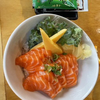 Kiori kitchen - Sake don (raw salmon on sushi rice, egg and kale, too) - Japanese Near Me - Morris Plains, New Jersey Kiori kitchen - Sake don (raw salmon on sushi rice, egg and kale, too) - Japanese Near Me - Morris Plains, New Jersey