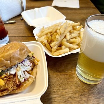 Flamin Feathers - Chicken sandwich, french fries and an Einstock white ale, not from the restaurant. - Burgers Near Me - Union, New Jersey