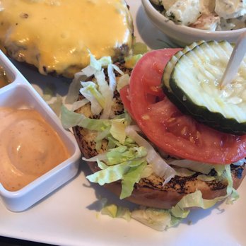 Liberty Market - Tower burger with american cheese and a side of potato salad - New American Near Me - Gilbert, Arizona