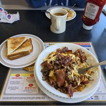 Waffle House - Bacon Egg Cheese Hash brown bowl with Sausage and Toast - Breakfast & Brunch Near Me - Benson, North Carolina