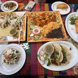 Tacos Beef birria tacos with cheese, shrimp diablo, huaraches