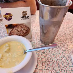 Knefla soup was pictured as well as their amazing chocolate malt on the right.