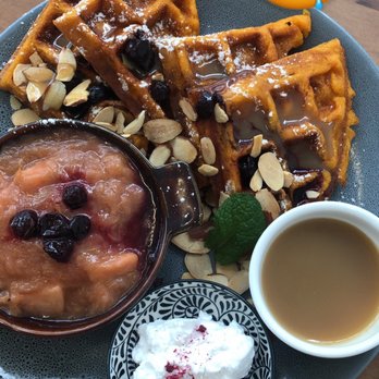 Kaiaroha - Waffles, berry compote, coconut cream, house made caramel sauce-- amaaaazing. - Vegan Near Me - Auckland, AUK