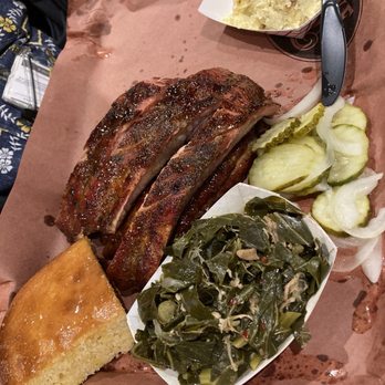 The Smoke Pit - Ribs, cornbread, collard greens, potato salad, pickles and onions. - Barbeque Near Me - Concord, North Carolina The Smoke Pit - Ribs, cornbread, collard greens, potato salad, pickles and onions. - Barbeque Near Me - Concord, North Carolina