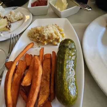 Halls Chophouse - Sweet potato fries,  corn skillet,  and pickle - Steakhouses Near Me - Charleston, South Carolina
