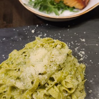 Rome's Flavours - Pesto fettuccine, with salmon. Light, fresh pesto, the fettuccine was thin, and the salmon cooked to perfection. - Desserts Near Me - Winter Park, Florida Rome's Flavours - Pesto fettuccine, with salmon. Light, fresh pesto, the fettuccine was thin, and the salmon cooked to perfection. - Desserts Near Me - Winter Park, Florida