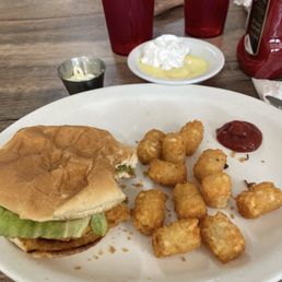 Chicken sandwich and taters
