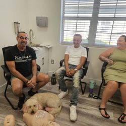 To The Heart CPR - During CPR and Basic First Aid group certification trining, everyone is welcome, even Luna, their mascott and service dog.