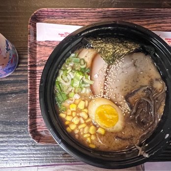 Ramen Station - Black Garlic Tonkatsu Ramen w/ white peach carbonated drink. - Ramen Near Me - Oakland, California