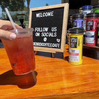 Bluebird Coffee - Iced peached hibiscus tea  called , " Peach Party" - Coffee & Tea Near Me - Ontario, California