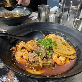 Laka  - Spicy soup with lotus root, jumbo shrimp, mushrooms,  emoji mushrooms, beef brisket and beef slices, dried bean curd - Chinese Near Me - Millbrae, California