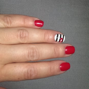 Le V Nails - Red gel nails with kiss design over black and white stripe. I love them! Thanks Heidi! - Nail Salons Near Me - Duarte, California Le V Nails - Red gel nails with kiss design over black and white stripe. I love them! Thanks Heidi! - Nail Salons Near Me - Duarte, California