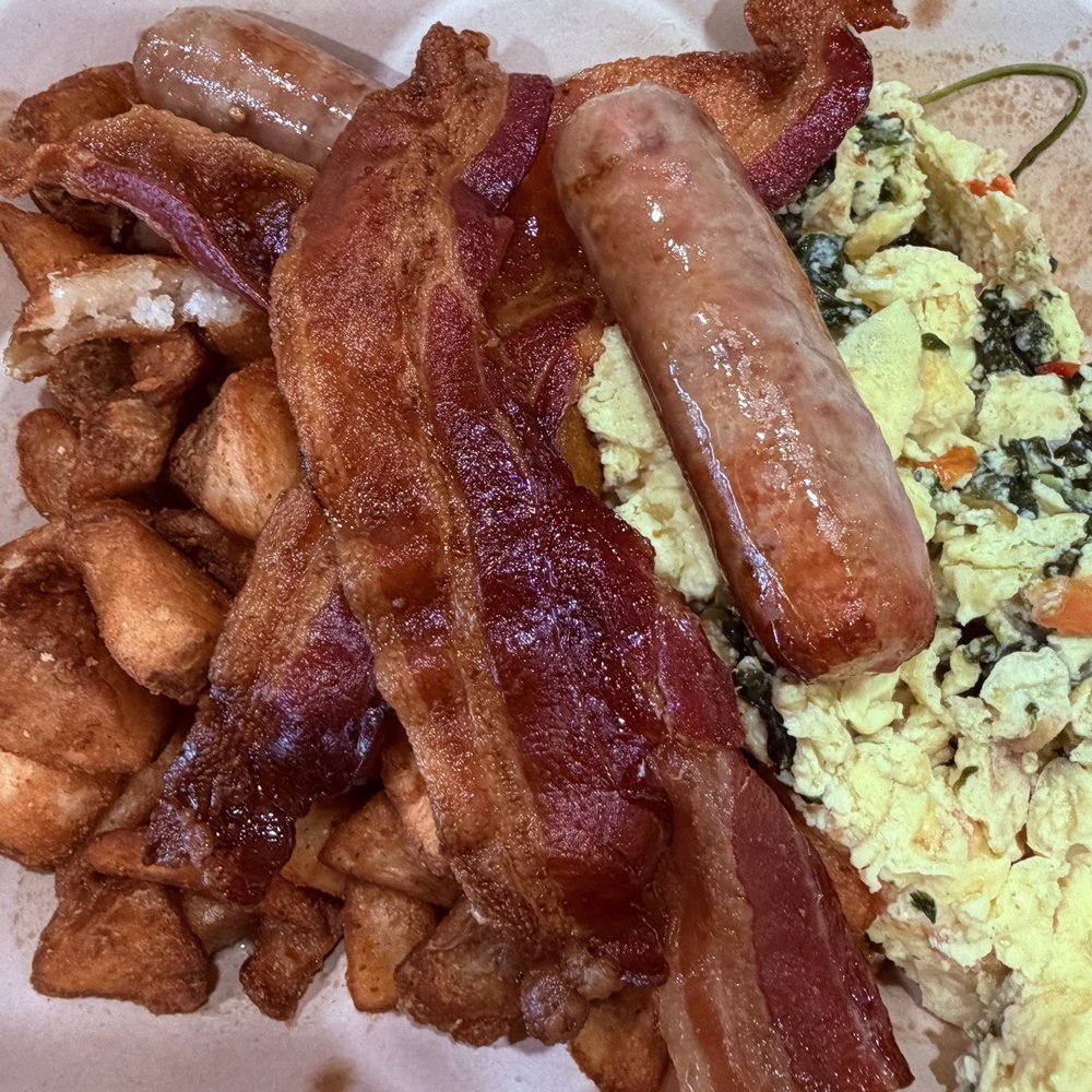 The Grove Cafe - Breakfast Potato, Sausage, Vegetarian Scrambled Eggs, and Bacon - Cafes Near Me - Clovis, California The Grove Cafe - Breakfast Potato, Sausage, Vegetarian Scrambled Eggs, and Bacon - Cafes Near Me - Clovis, California