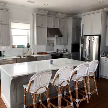 Cabinets Direct - Grey with White Tops on Navarre Beach. - Kitchen & Bath Near Me - Pensacola, Florida Cabinets Direct - Grey with White Tops on Navarre Beach. - Kitchen & Bath Near Me - Pensacola, Florida