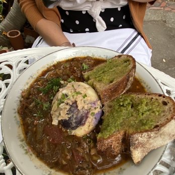 Fog Eater Cafe - Gumbo w/cold potato salad in the middle. The bread and pesto were perfect. Champion dish! - Southern Near Me - Mendocino, California Fog Eater Cafe - Gumbo w/cold potato salad in the middle. The bread and pesto were perfect. Champion dish! - Southern Near Me - Mendocino, California