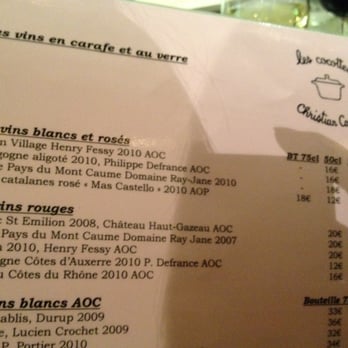 Les Cocottes - Menu: Les vins en carafe et au verre - Bistros Near Me - Paris, 01 Les Cocottes - Menu: Les vins en carafe et au verre - Bistros Near Me - Paris, 01