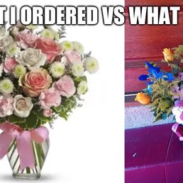 Ordered the arrangement on the left on their website, the arrangement on the right is what got delivered Ordered the arrangement on the left on their website, the arrangement on the right is what got delivered
