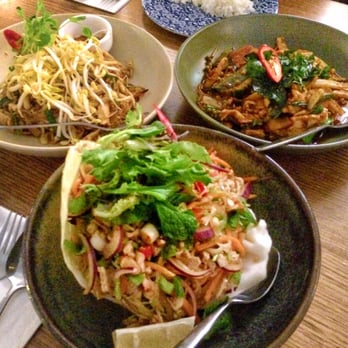 Green Peppercorn - Top left: pad thai | Top right: stir fry | Front: vermicelli salad with pork - Laotian Near Me - Sydney, NSW