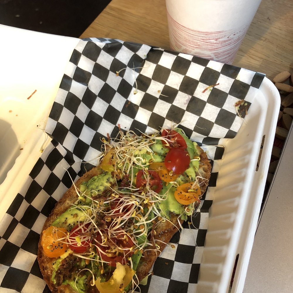 Avocado toast and latte. Avocado toast and latte.