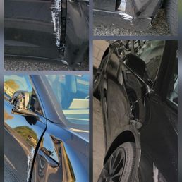 Photo of damage on FR fender / passenger side mirror and the result afterLakeside Auto Center completed the repair. 10/10