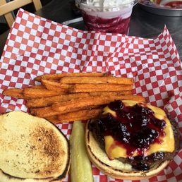 Huck & Heat minus jalapeños with sweet potato fries and a huckleberry shake!