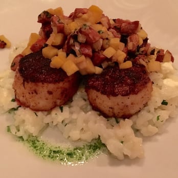 HT Grill - Blackened scallops over cilantro risotto, with mango/chorizo salsa. - New American Near Me - Redondo Beach, California HT Grill - Blackened scallops over cilantro risotto, with mango/chorizo salsa. - New American Near Me - Redondo Beach, California