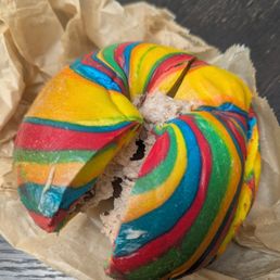 Toaster rainbow bagel with cinnamon raisin cream cheese