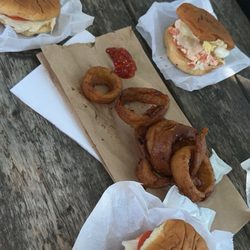 Scott's Place - Lobster sandwich, crab sandwich and onion rings.