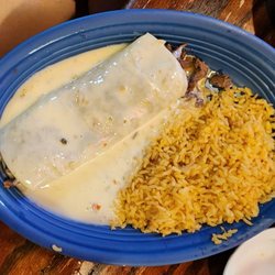 Poblanos Mexican Grill - Cheesteak Burrito with rice.