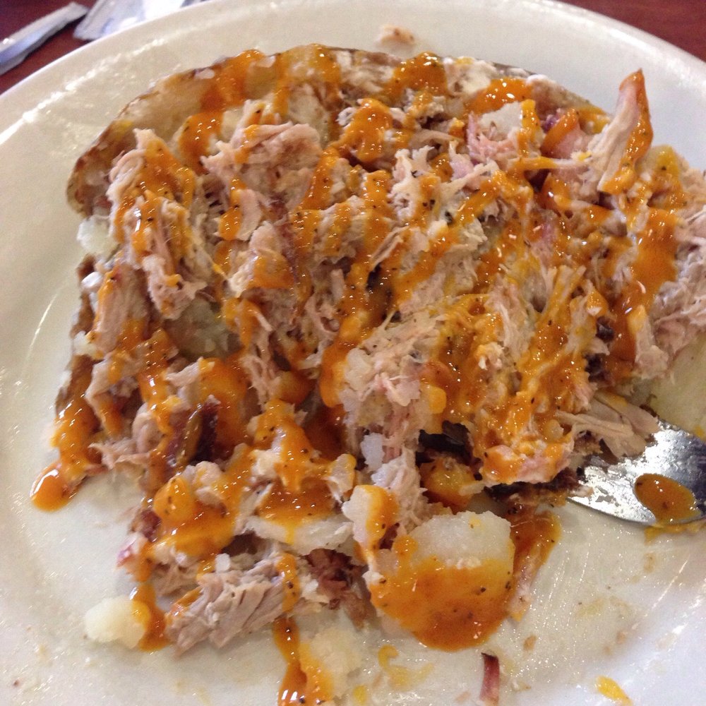 Loaded baked potato drizzled with North Carolina Mustard Sauce Loaded baked potato drizzled with North Carolina Mustard Sauce