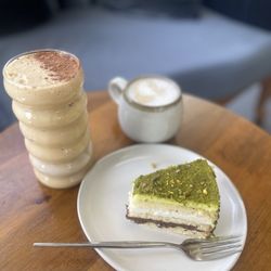 Hasel Cafe - Pistachio & chocolate cake, iced coconut cloud and cappuccino