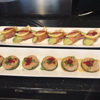Yanagi Sushi - Avocado salmon on top, monkfish liver on the bottom - Japanese Near Me - Gilbert, Arizona Yanagi Sushi - Avocado salmon on top, monkfish liver on the bottom - Japanese Near Me - Gilbert, Arizona