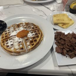 Sweet Potato Waffle, Just Egg, vegan steak