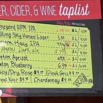 Pegasus Pizza - 8/27/25 - The image shows a yellow handwritten menu board titled 'BEER, CIDER, & WINE taplist' at a taproom. It lists several beers with their alcohol percentages, prices, and sizes, along with wines such as Pinot Gris, Pinot Noir, and Chardonnay. The board includes small decorative drawings of a pizza slice and a cloud with the words 'ICE AND BREW.' The menu is framed by a black border, with a red header at the top. - Pizza Near Me - Eugene, Oregon