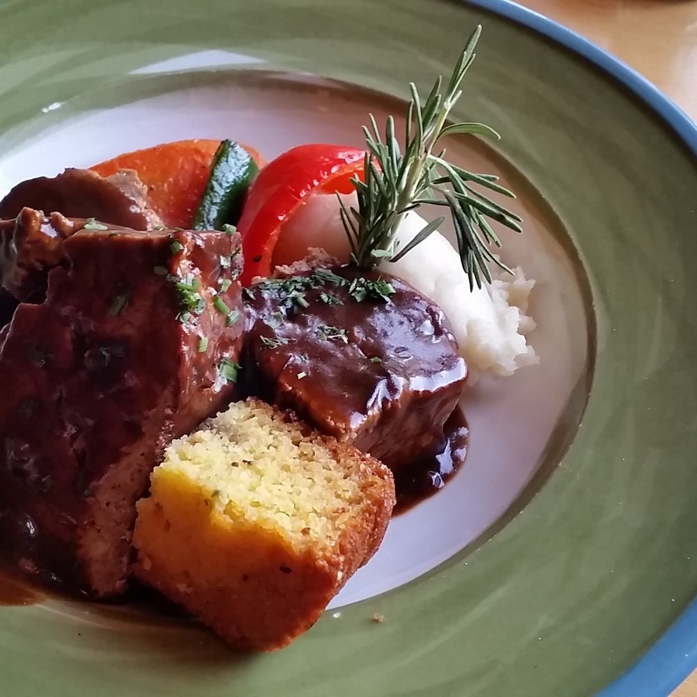 Fiddle River Restaurant - Elk and bison meatloaf with roasted vegs and cornbread ~$30 - Seafood Near Me - Jasper, Alberta