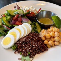 Central Cafe - Power Salad: Red quinoa/chickpeas/cucumber salad/hard egg/feta/poblano with vinaigrette dressing