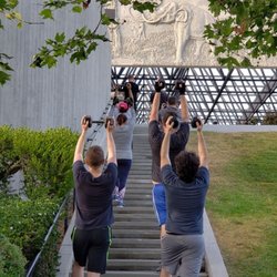 BootCamp LA - Bootcampers lifting weights while going up the stairs!