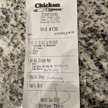 Chicken Express - a receipt on a counter top - Fast Food Near Me - Tomball, Texas Chicken Express - a receipt on a counter top - Fast Food Near Me - Tomball, Texas
