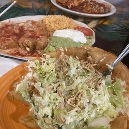 Edible shell taco salad and chimichangas meal. Edible shell taco salad and chimichangas meal.