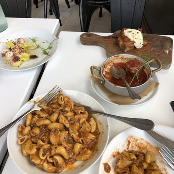 The Alley - Octopus, meatballs, pasta rigate in Bolognese (meat sauce) and the uneaten eggplant bruschetta - Italian Near Me - Miami Beach, Florida The Alley - Octopus, meatballs, pasta rigate in Bolognese (meat sauce) and the uneaten eggplant bruschetta - Italian Near Me - Miami Beach, Florida