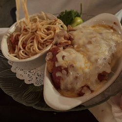 The chicken parm was delicious, according to the diner eating it.