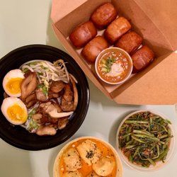 Native Noodles - Clockwise from Left: Laksa Noodles (Soup Version) Chili Crab Buns Side of Stir Fried Water Spinach (Kang Kong)