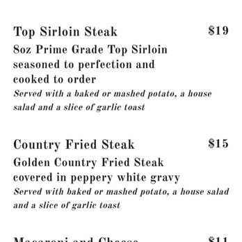Bootleggers Bar & Grill - Menu stating the country fried steak dinner components - American Near Me - Buckley, Washington Bootleggers Bar & Grill - Menu stating the country fried steak dinner components - American Near Me - Buckley, Washington